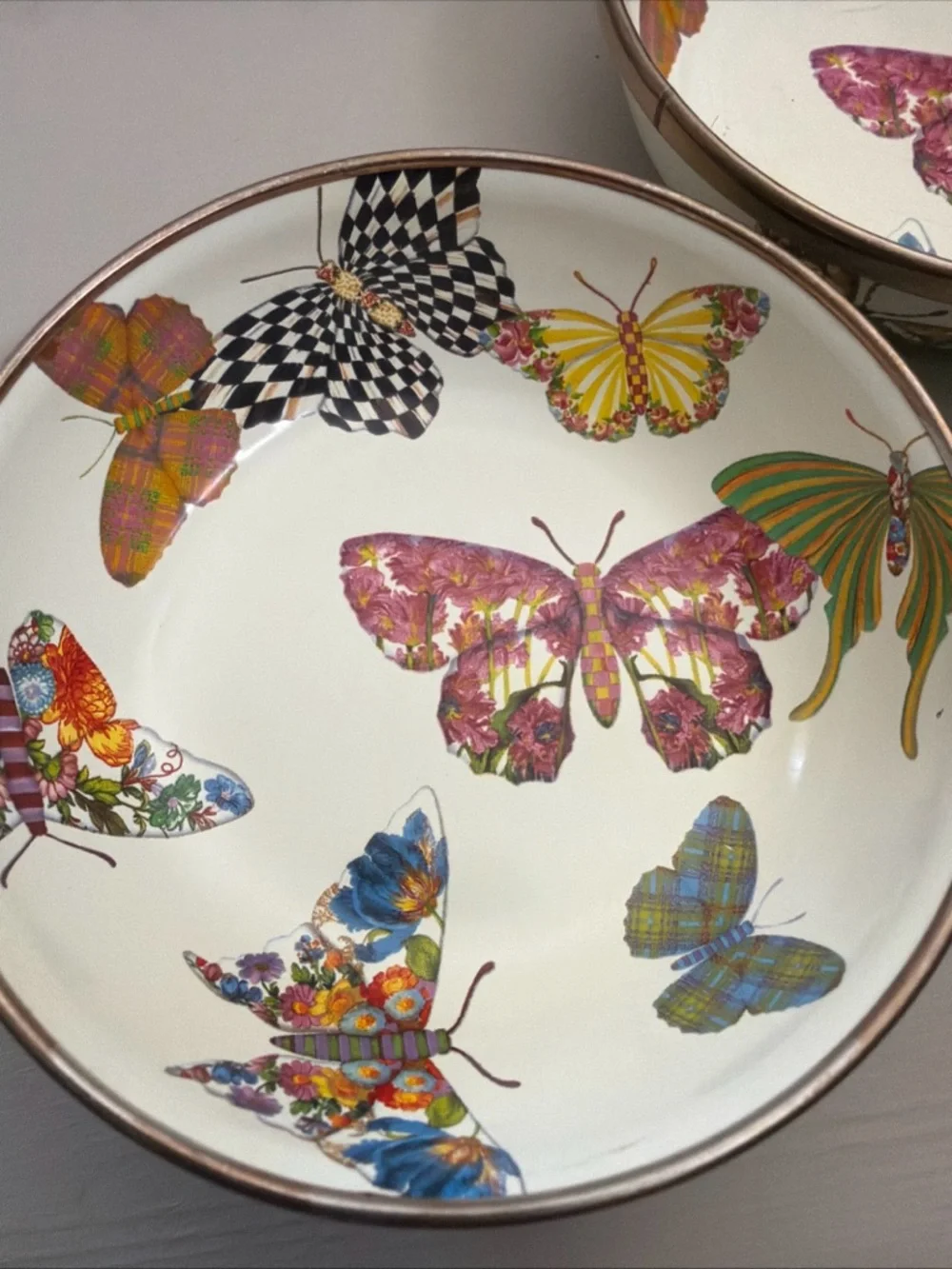 Mackenzie Childs Set of 2 White Butterfly 4.5 inch Dipping Bowls Enamel